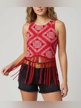 Rock & Roll Denim Red Bandana Fringe Tank Top Medium Western Paisley Crop